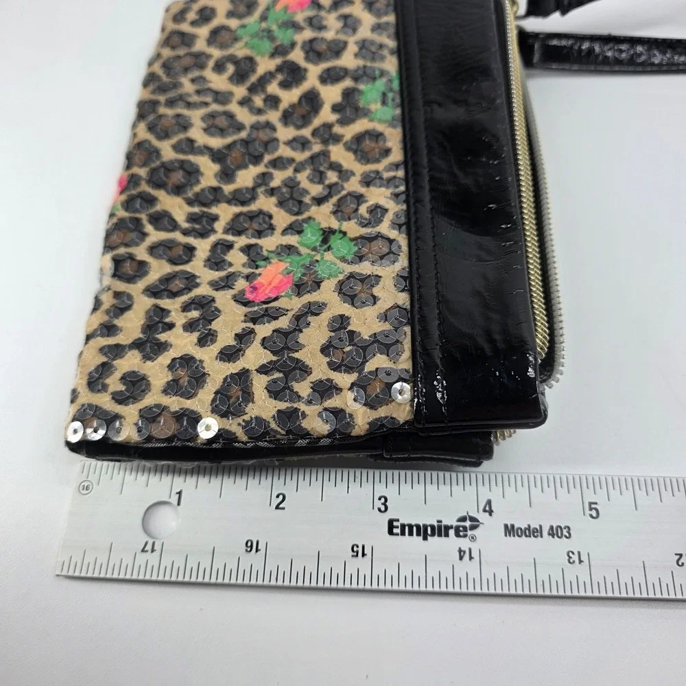 Betsey Johnson Wristlet Wallet Sequin Leopard Roses Gold Heart Bag Y2K Kitschy